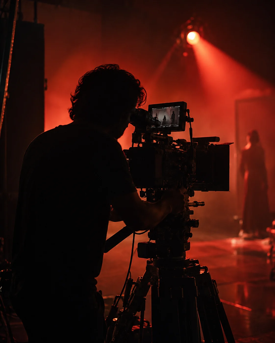 A cinematographer beside a camera in a red-lit studio