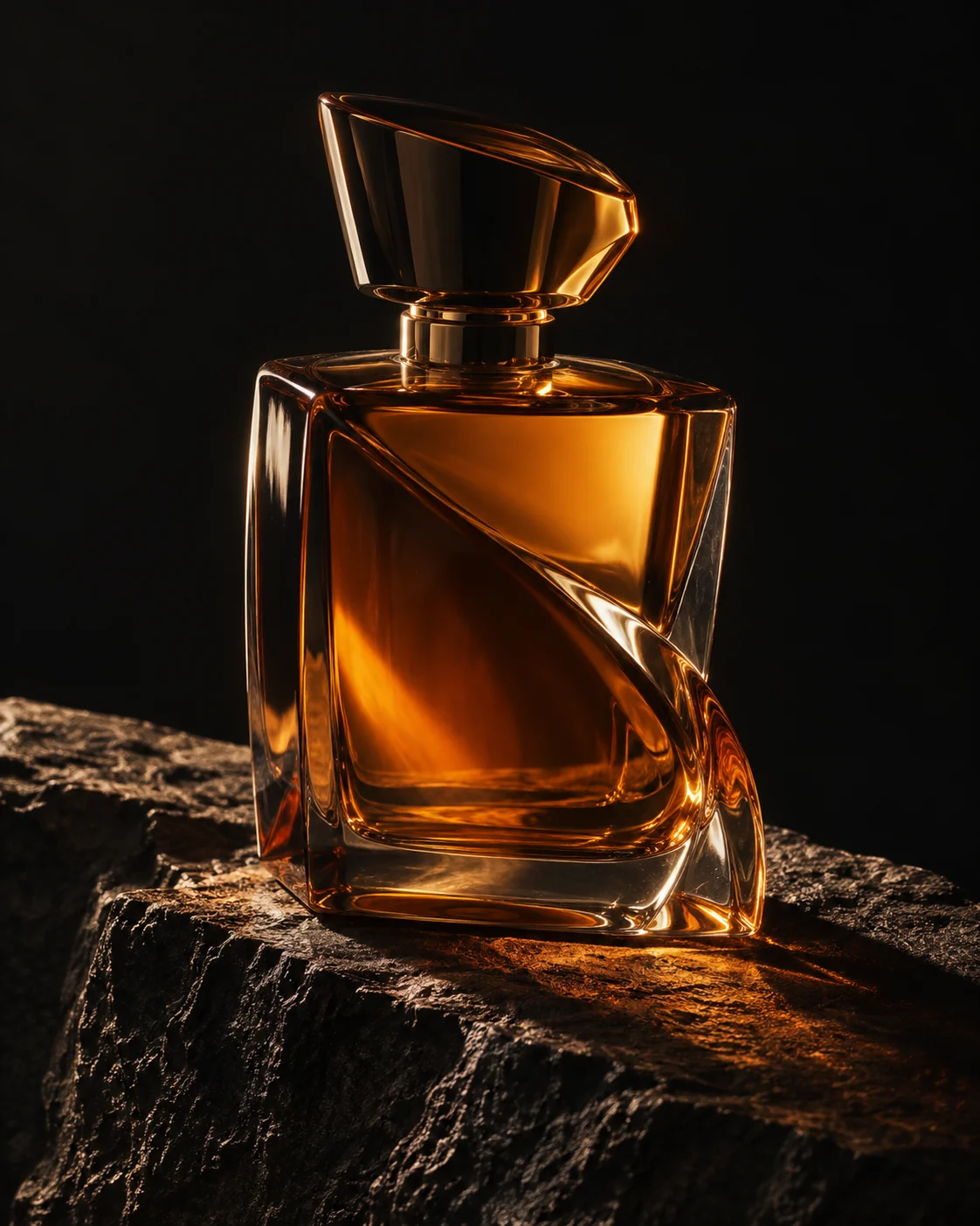 Amber glass perfume bottle on a sculptural stone surface